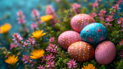 Obraz na płótnie Canvas Colorful easter eggs in a nest of flowers on blue background. Easter eggs in a meadow.