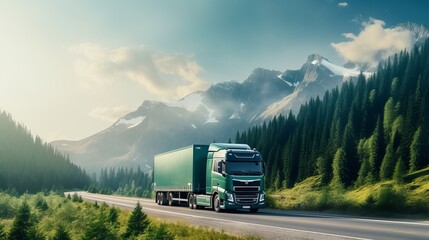 Eco-friendly green energy truck transporting goods amidst serene lush green scenery with awe-inspiring mountains - obrazy, fototapety, plakaty