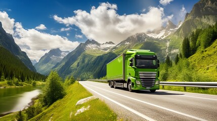 Ecologically sustainable green truck driving through serene lush forest and majestic mountains