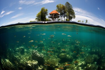 Split-view of tropical island with hut and fish swimming underwater. idyllic scenery