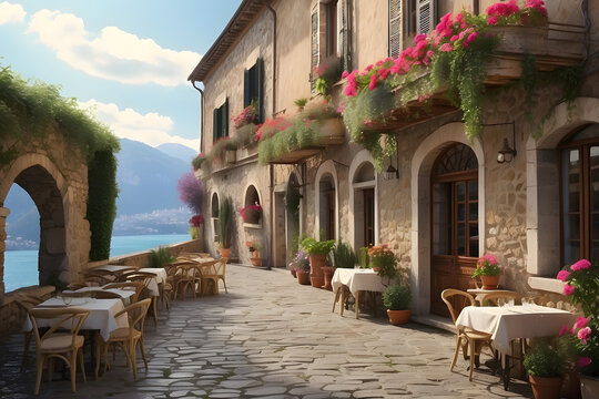 View of a street with italian cafes and restaurants, houses, cobblestone