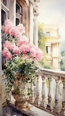 Fototapeta na wymiar Hobby and leisure, watercolor illustration of a beautiful balcony or terrace decorated with various potted flowers