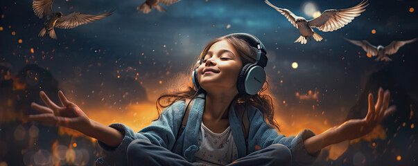 Funny happy kid flying in dreams and wearing modern headphones. - obrazy, fototapety, plakaty