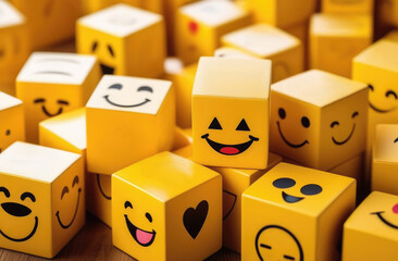 international Smile Day, World compliment day, colorful wooden cubes with different emotions, childrens cubes, mood selection - obrazy, fototapety, plakaty