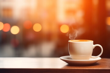 Steaming cup of coffee on a table with a blurred city backdrop