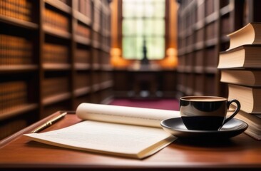 international Book Day, World writers day, reading room, home library, book pages, rough sketches, literature teacher, coffee mug, stack of books, wooden shelves with books