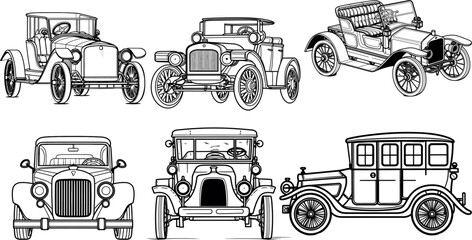 Set of Vintage Retro classic Cars Handmade Sketch. Antique car drawing great set collection clip art Silhouette, Black vector illustration on white background.