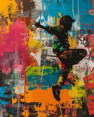Graffiti on wall with dancer jumping in the air. Collage. Abstract creative background. 