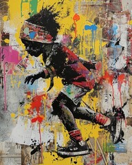 Running african americam child. Street art. A provocative image capturing a bold street mural that's vibrant and unconventional, enough to raise eyebrows and spark conversations. 
