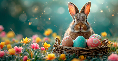 Easter bunny with a basket of Easter eggs, holy holiday of Easter - AI generated image - obrazy, fototapety, plakaty