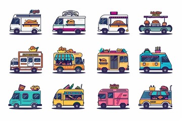 Food truck icons set. Outline set of food truck vector icons for web design isolated on white background