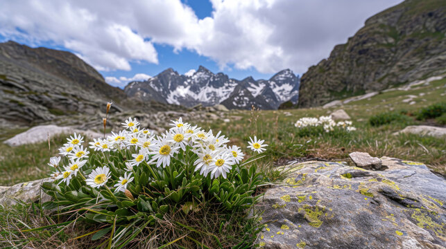 A captivating scene featuring the Edelweiss blossom of the alpine mountains