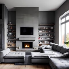 The living room features a grey sofa set against a concrete wall, accompanied by a fireplace and bookshelves, showcasing a modern loft home interior design.