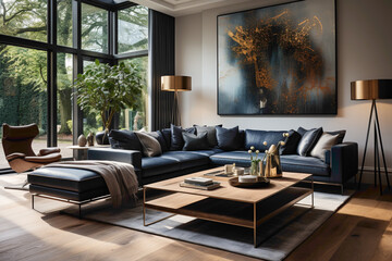 Elevate your lounge with the simplicity of dark blue and grey sofas surrounding a wooden table. 