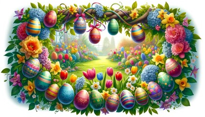 Obraz na płótnie Canvas A festive Easter egg garland intertwined with a variety of colorful spring flowers, hanging in front of a bright window with a view of a blossoming garden.