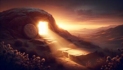 Empty tomb with the stone rolled away at dawn, symbolizing Jesus' resurrection, set against the backdrop of a beautiful sunrise. - obrazy, fototapety, plakaty
