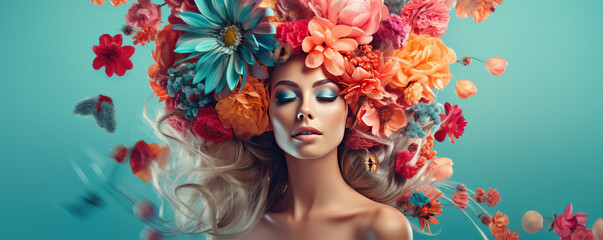 woman portrait with colorful flowers over her head. Bright summer autumn colors. Surreal fashion syle concept.