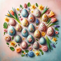 Fototapeta na wymiar An artistic flat lay of Easter eggs painted with floral patterns, surrounded by a circle of fresh spring flowers on a pastel background.