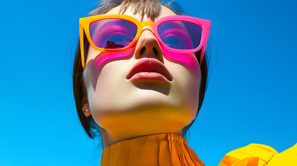 Closeup portrait of fasionable woman wearing bright pink and yellow sunglasses, street pop style