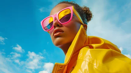 Poster Closeup portrait of fasionable woman wearing bright pink and yellow sunglasses, street pop style © Oksana