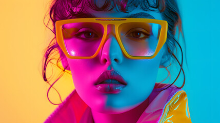 Closeup portrait of fasionable woman wearing bright pink and yellow sunglasses, street pop style