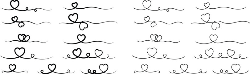 Heart lines bundle hand drawn doodle love linear black color icon set isolated on transparent background. Vector collection for valentine day invitation or greeting card drawn design Heart text divide - obrazy, fototapety, plakaty