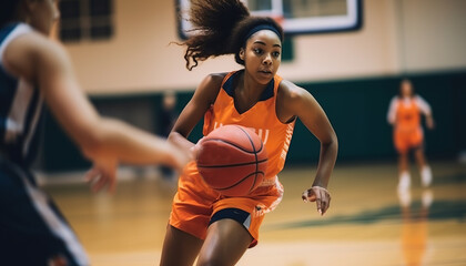 Black woman basketball player on the court during a game wearing a red uniform. Sport, game, basket, sporty, competition, desire to win, AI. - obrazy, fototapety, plakaty