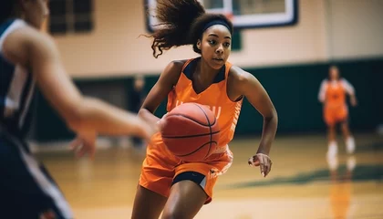  Black woman basketball player on the court during a game wearing a red uniform. Sport, game, basket, sporty, competition, desire to win, AI. © Flying Fred