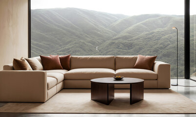 corner sofa in front of a huge window with a mountain view - obrazy, fototapety, plakaty
