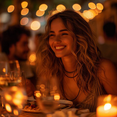 Joyful woman at a cosy restaurant