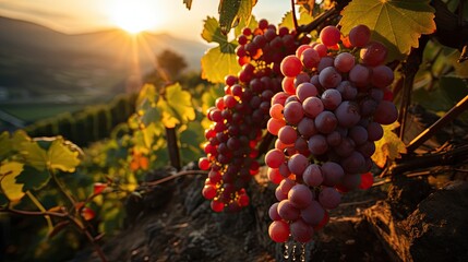 Close-up of two bunches of ripe red grapes in a vineyard during harvest season - obrazy, fototapety, plakaty