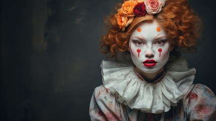 A beautiful female clown in costume with orange hair and clown makeup. 