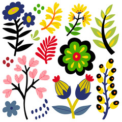 Folk art flowers set, vector flat illustration, isolated elements on white background.