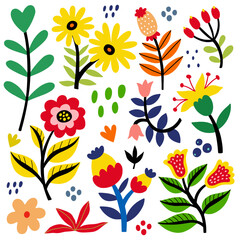 Folk art flowers set, vector flat illustration, isolated elements on white background.