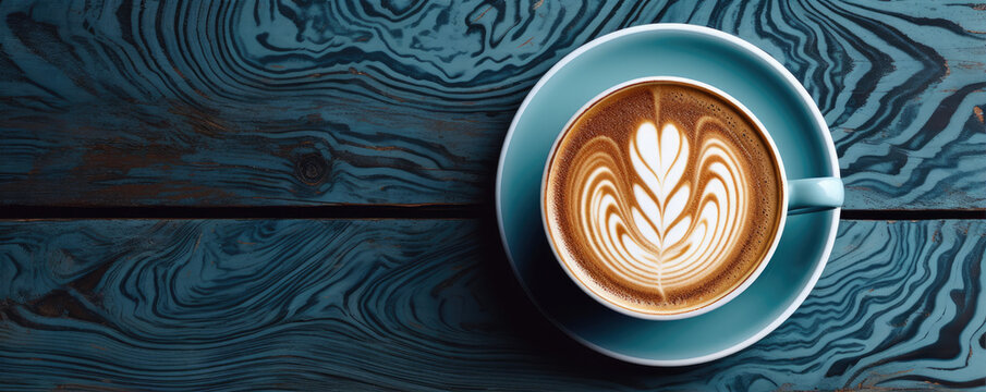 Top view of matcha latte on wooden background in blue color.