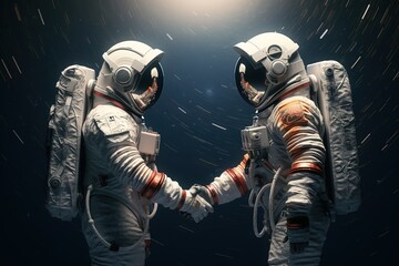 Astronaut Shaking Hands in outer space, 3D rendering, Ai Generated