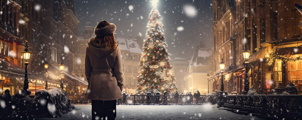 Rear view of girl standing at the city square and looking at Christmas tree in winter time, Christmas tree in evening snow city, - obrazy, fototapety, plakaty
