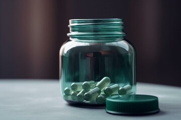 A plastic jar with capsules on a table. Nutritional supplements. Generative AI