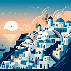Obraz premium Santorini flat vector city skyline