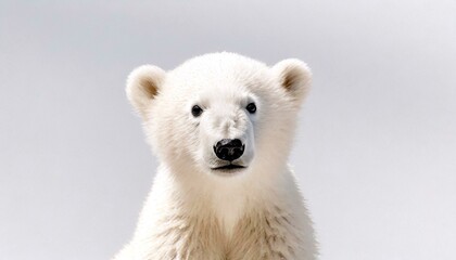 closeup image of polar bear cub on light gray background, simple wallpaper / background with text space