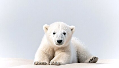 laying polar bear cub on light gray background, simple wallpaper / background with text space