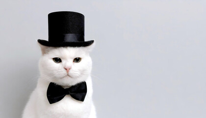 white cat wearing black top hat and bowtie on light gray background, simple wallpaper / background with text space