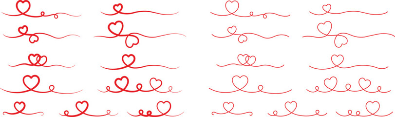 Heart lines bundle hand drawn doodle love linear red color icon set isolated on transparent background. Vector collection for valentine day invitation or greeting card drawn design. Heart text divider