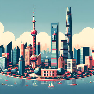 Shanghai flat vector city skyline