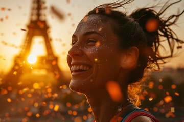 An athlete celebrating winning a sports event. Confetti falling and Paris Eiffel tower in background