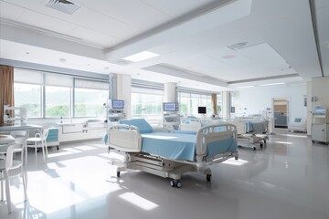 Hospital icu room with life support. emergency medical care and patient monitoring