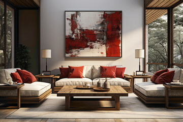 Picture the warm ambiance of a room adorned with brown, white, and red sofas, complemented by a wooden table against a blank canvas. 