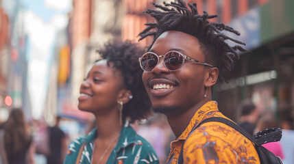 Obraz premium Multiethnic two friends woman and man smiling on the street, New York cityscape. 