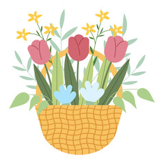 Bouquet of flowers in a wicker basket. Flat simple vector illustration.