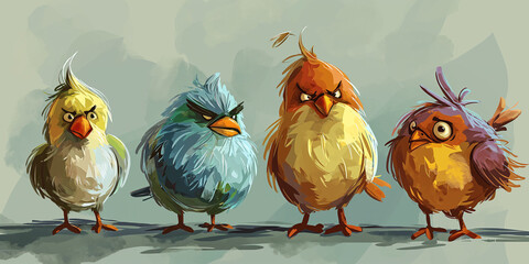 Quirky band of cartoon birds with attitude